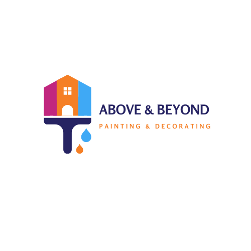 ABOVE & BEYOND PAINTING AND DECORATING SERVICE LOGO - PAINT BRUSH WITH THREE COLOURS(PINK ORANGE BLUE) PAINT DRIPS FROM BRUSH