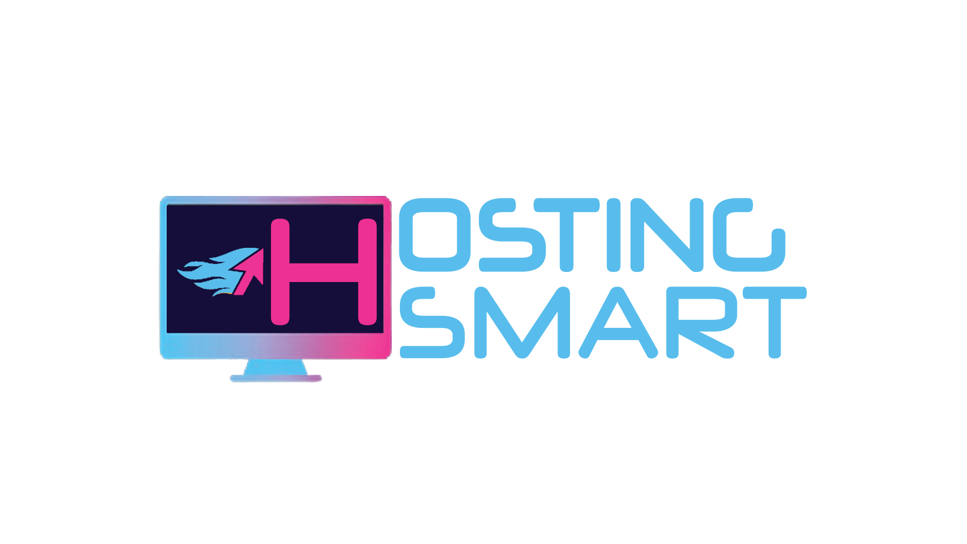 HOSTINGSMART LOGO BLUE AND PINK COLOUR. H SAT INSIDE OF COMPUTER SCREEN WITH A FLAMING ARROW POINTER