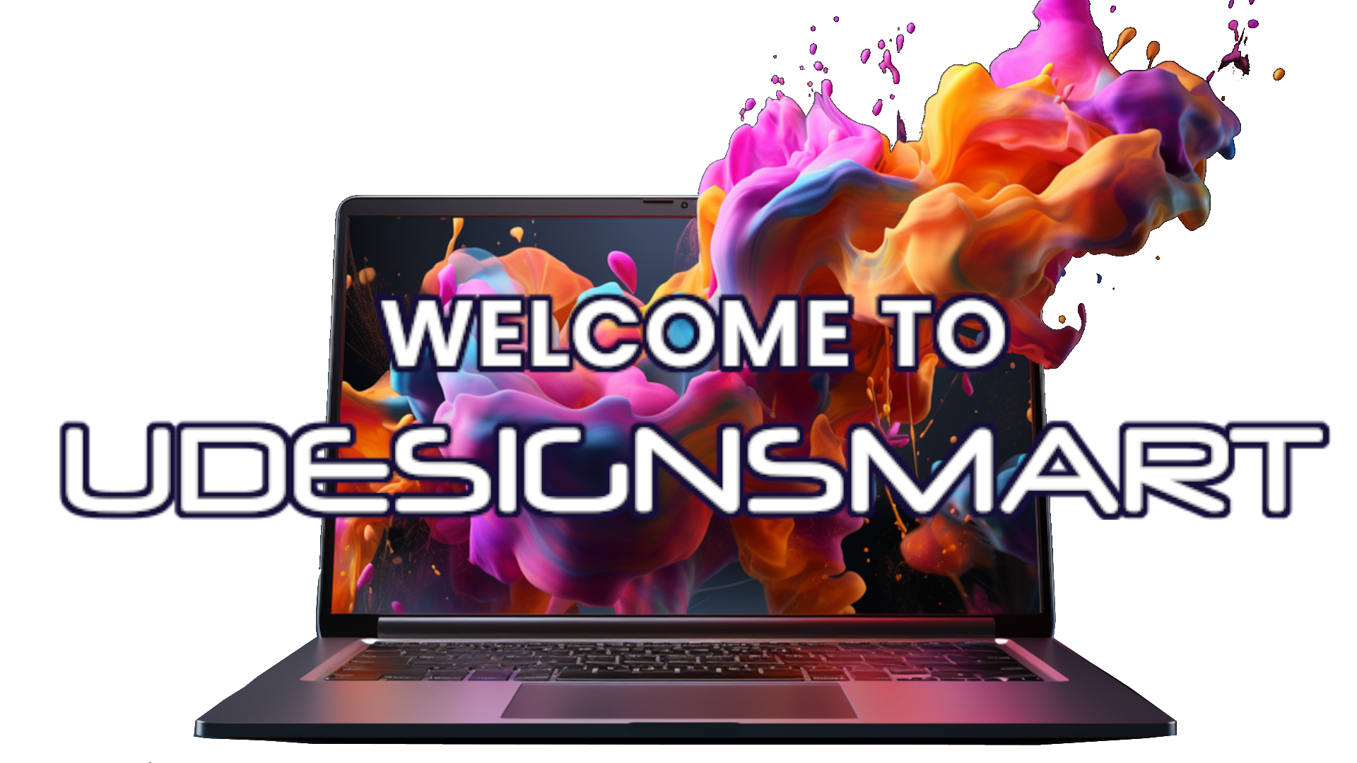 WELCOME TO UDESIGNSMART ON TOP OF IMAGE OF COMPUTER WITH SCREEN BURSTING WITH COLOURS