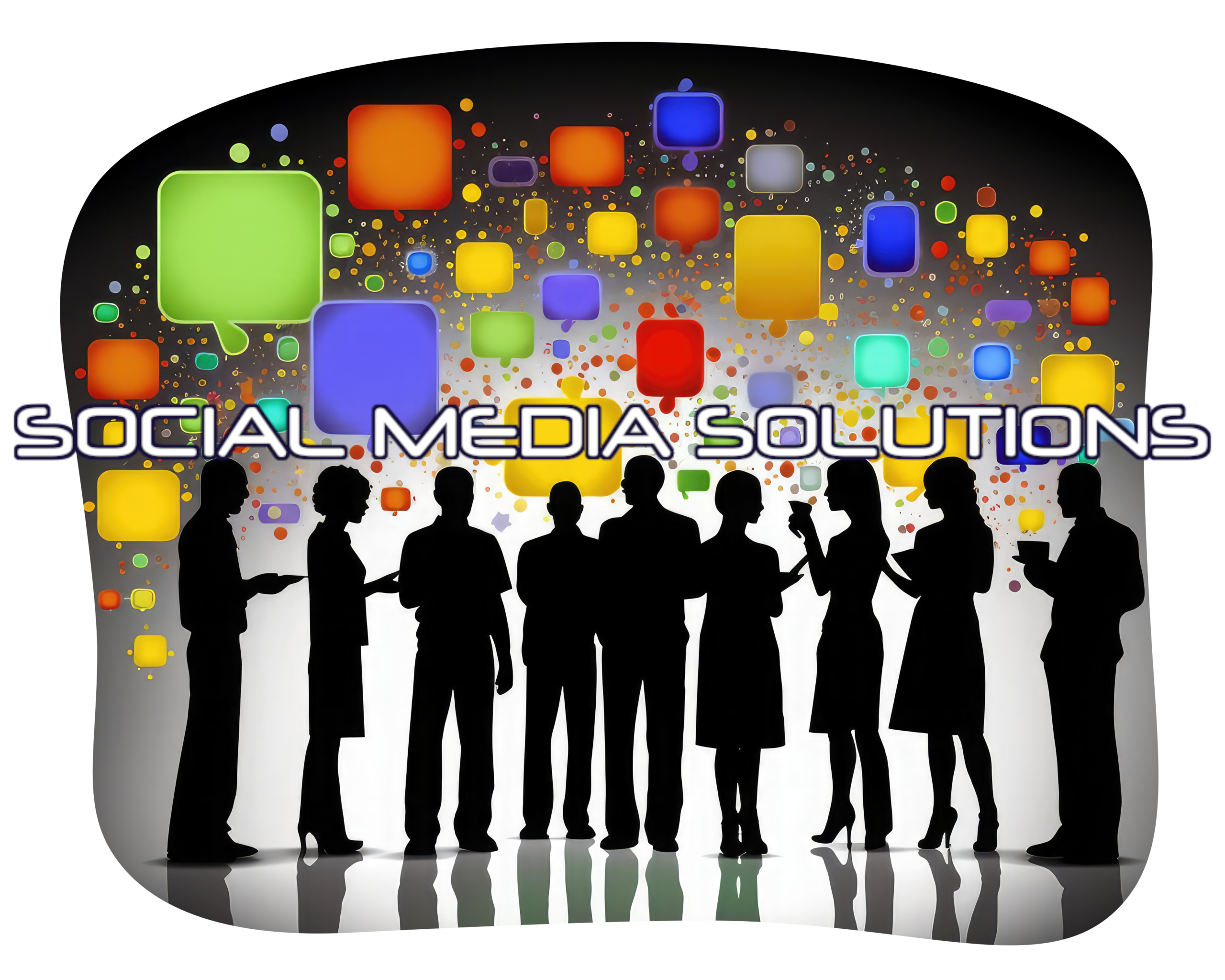 SOCIAL MEDIA SOLUTIONS ON TOP OF IMAGE OF GROUP GATHERING BURSTING WITH COLOURS