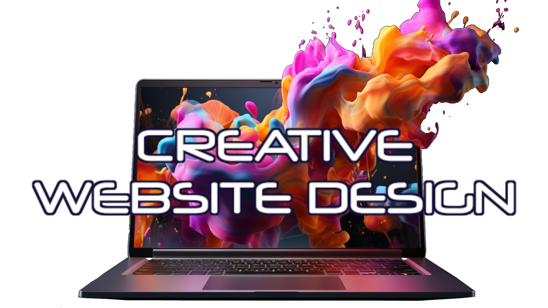 CREATIVE WEBSITE DESIGN ON TOP OF IMAGE OF COMPUTER WITH SCREEN BURSTING WITH COLOURS