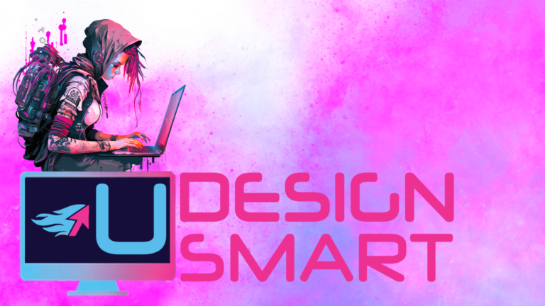 UDESIGN LOGO WITH SUTE GIRL SAT ON TOP OF COMPUTER WORKING ON LAPTOP IN A BRIGHT PRINK MIST BACKGROUND