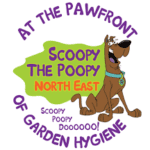 SCOOPY THE POOPY LOGO - DOG SIMILAR TO SCOOBY DOO SAT ON A WHITE BACK GROUND AND LIGHT GREEN SHAPE WITH NAME INSIDE