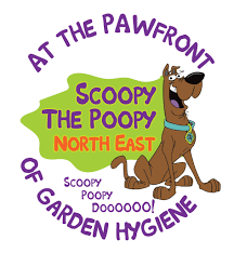 SCOOPY THE POOPY LOGO - DOG SIMILAR TO SCOOBY DOO SAT ON A WHITE BACK GROUND AND LIGHT GREEN SHAPE WITH NAME INSIDE